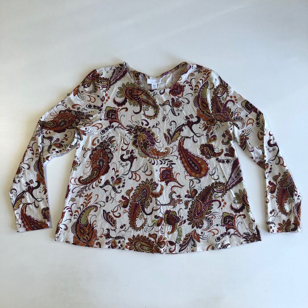 J Jill Paisley Round Neck LS Pullover Blouse Top Sz S Petite